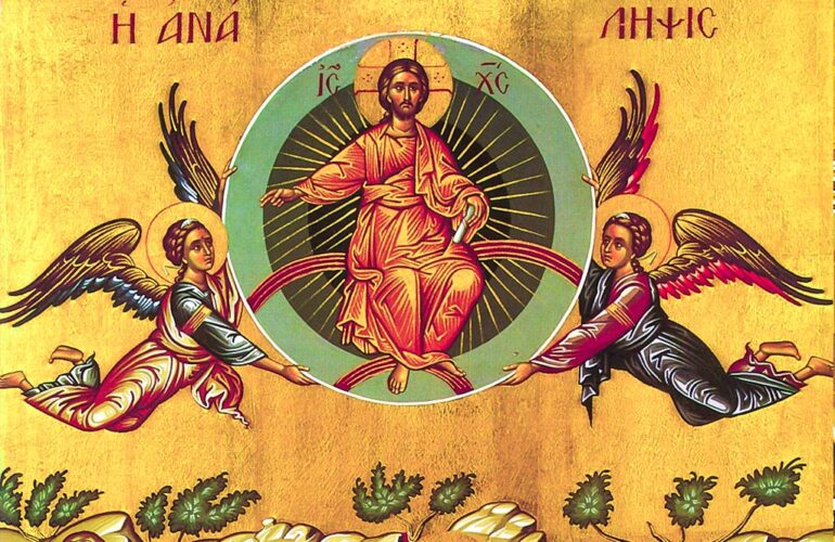 Ascension Icon - part - zoom in Jesus Christ held by 2 Angels أيقونة الصعود - جزء منها: السيّد محمول من قبل ملاكين